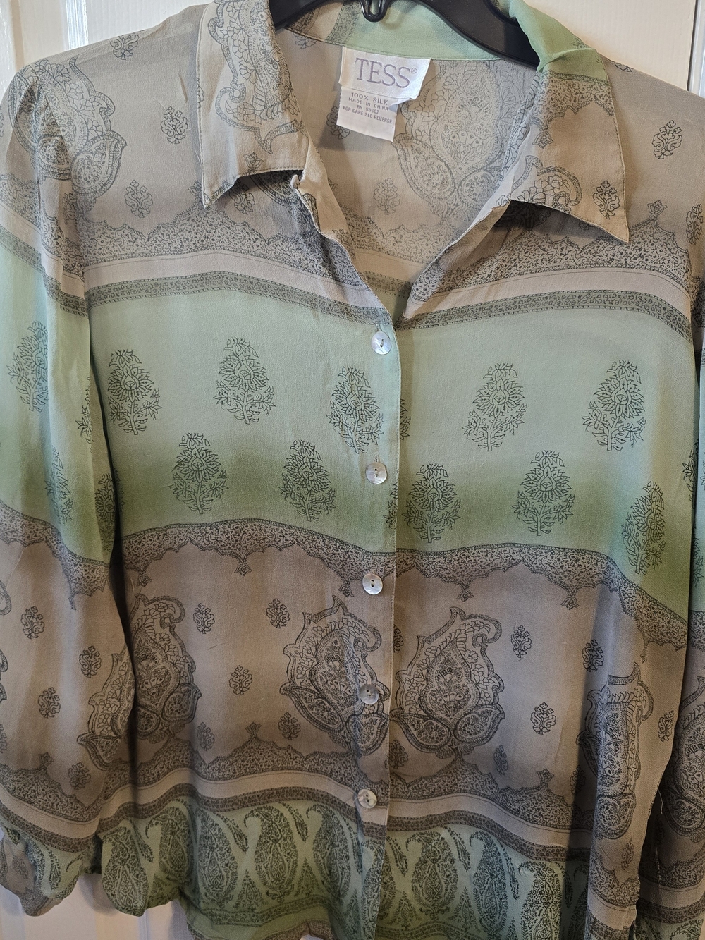 Vintage TESS 100% Silk Paisley Floral Blouse - Green Brown Earth Tone M
